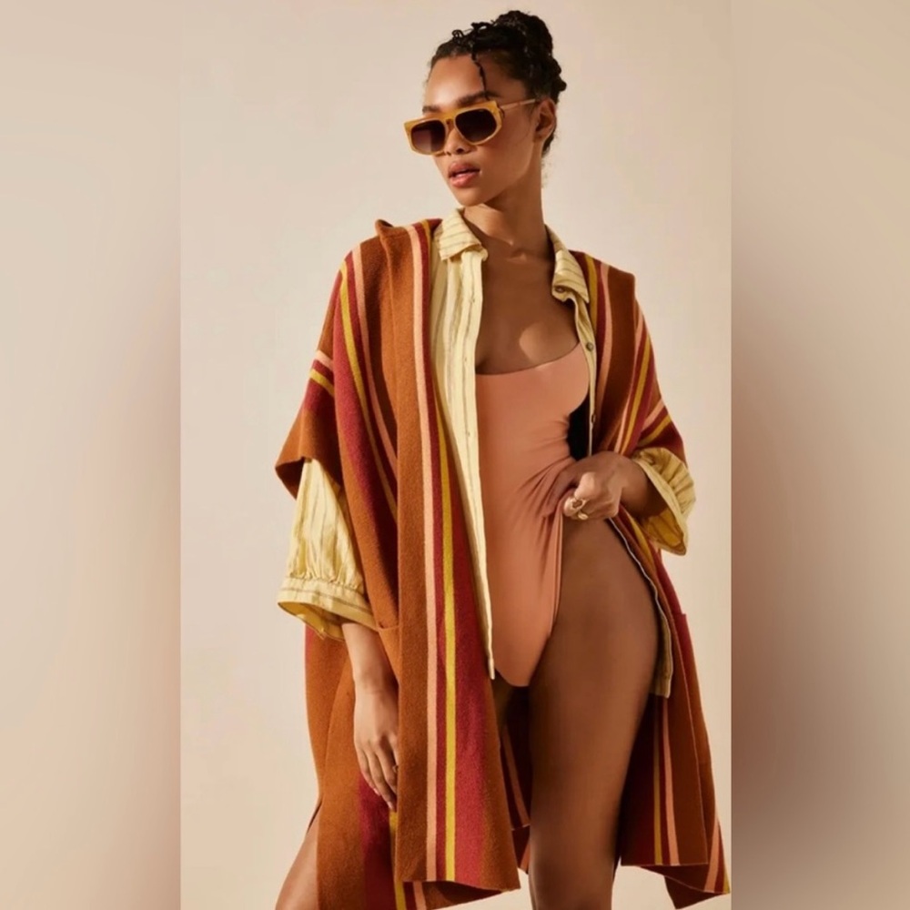 Free People All I Need Stripe Hooded Cardigan Poncho- Amber Combo